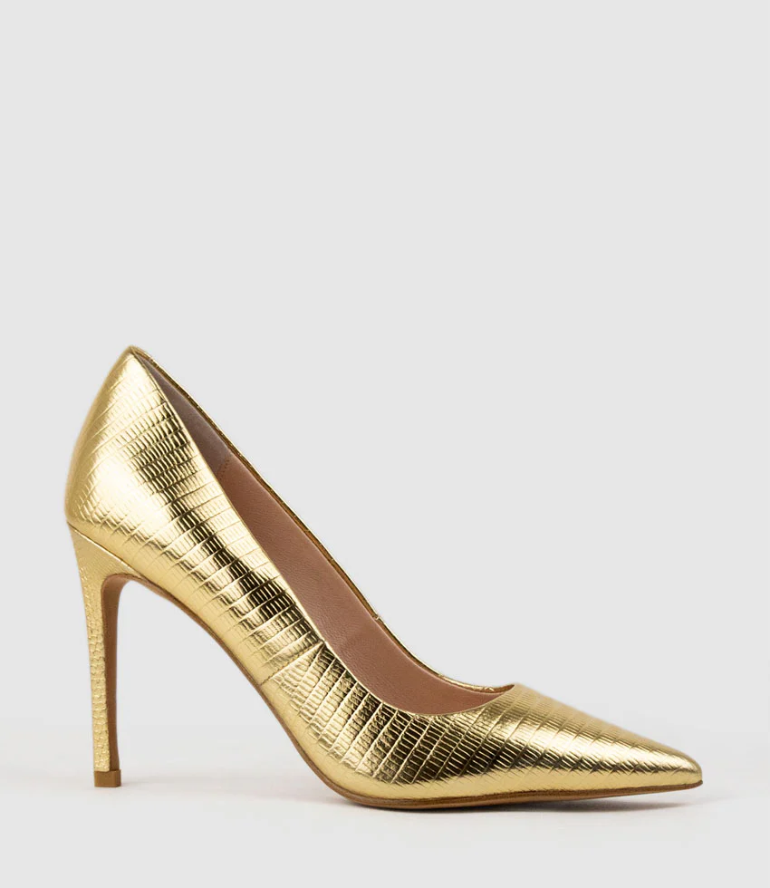 ALLEGRA100 Pointed Stiletto Pump in Gold Tejus Lizard Print - Image 3