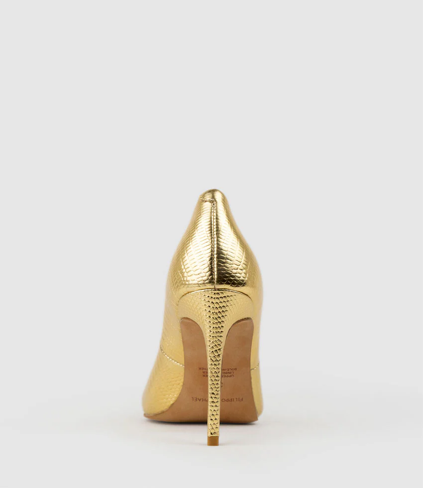 ALLEGRA100 Pointed Stiletto Pump in Gold Tejus Lizard Print - Image 4
