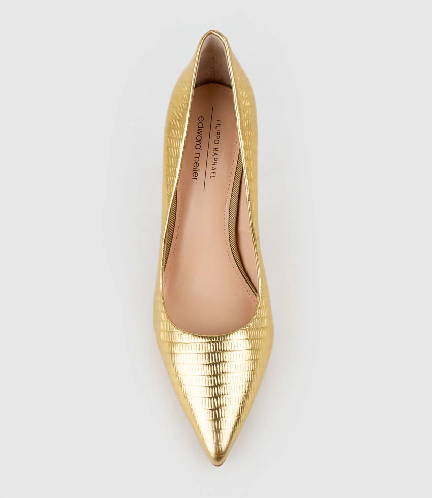 ALLEGRA100 Pointed Stiletto Pump in Gold Tejus Lizard Print - Image 5