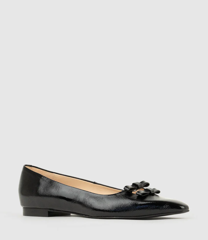 EVAINE Double Bow Flat Pump in Black Crinkle Patent - Image 3
