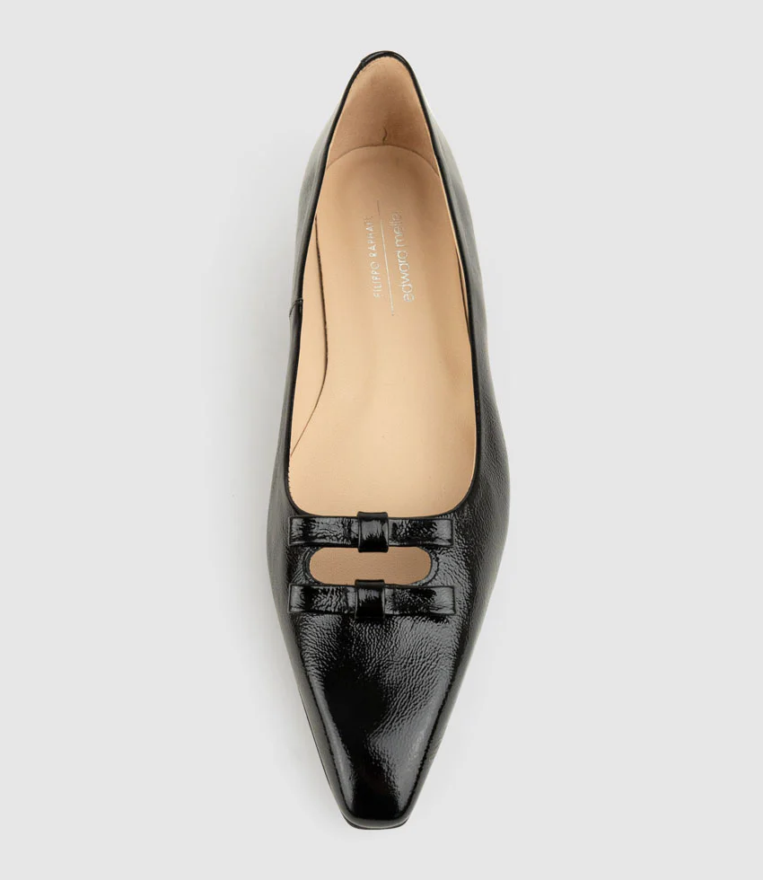 EVAINE Double Bow Flat Pump in Black Crinkle Patent - Image 5