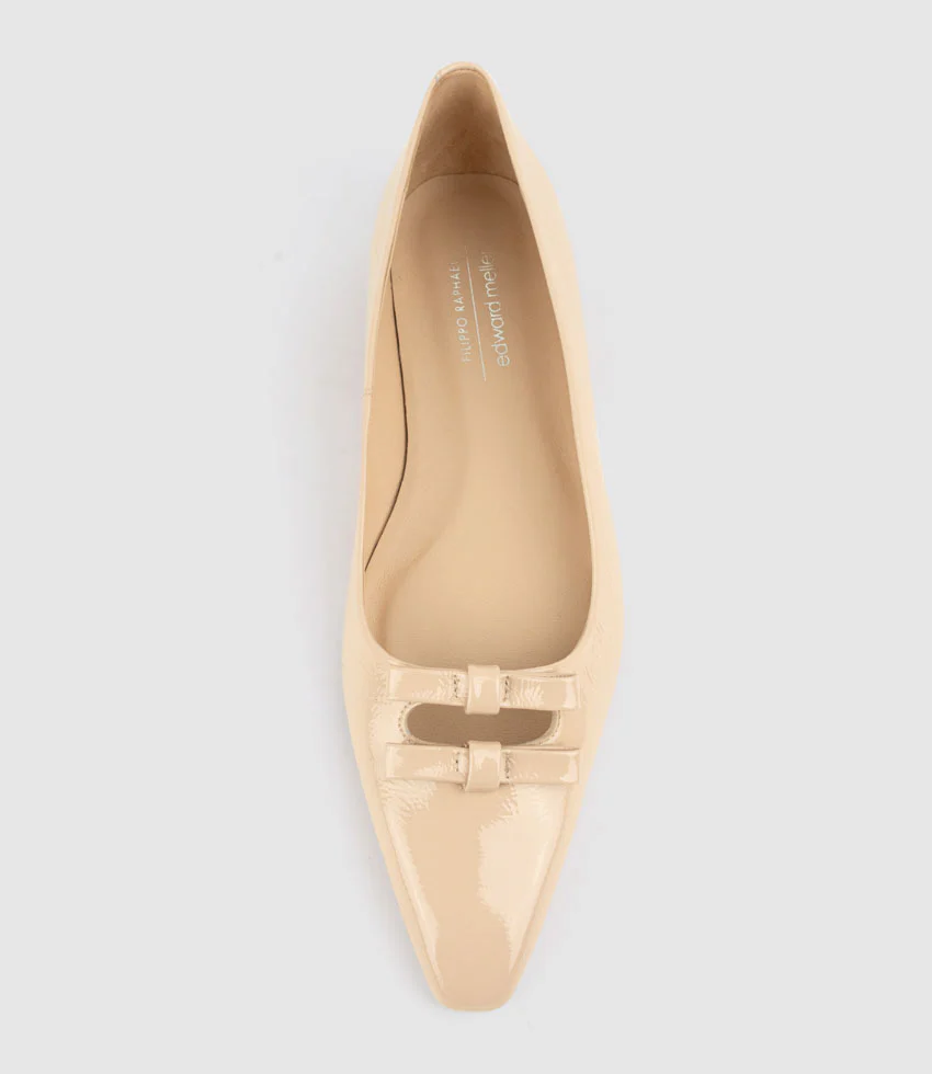 EVAINE Double Bow Flat Pump in Nude Crinkle Patent - Image 4