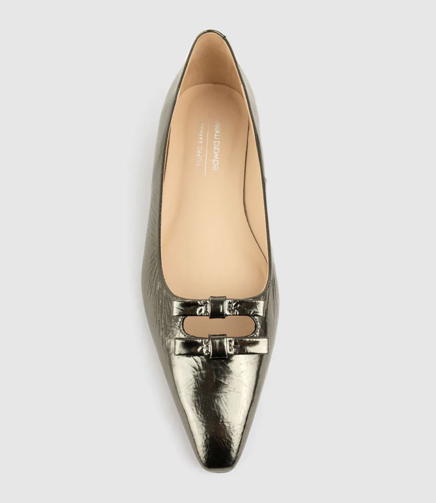 EVAINE Double Bow Flat Pump in Pewter Crinkle Patent - Image 4