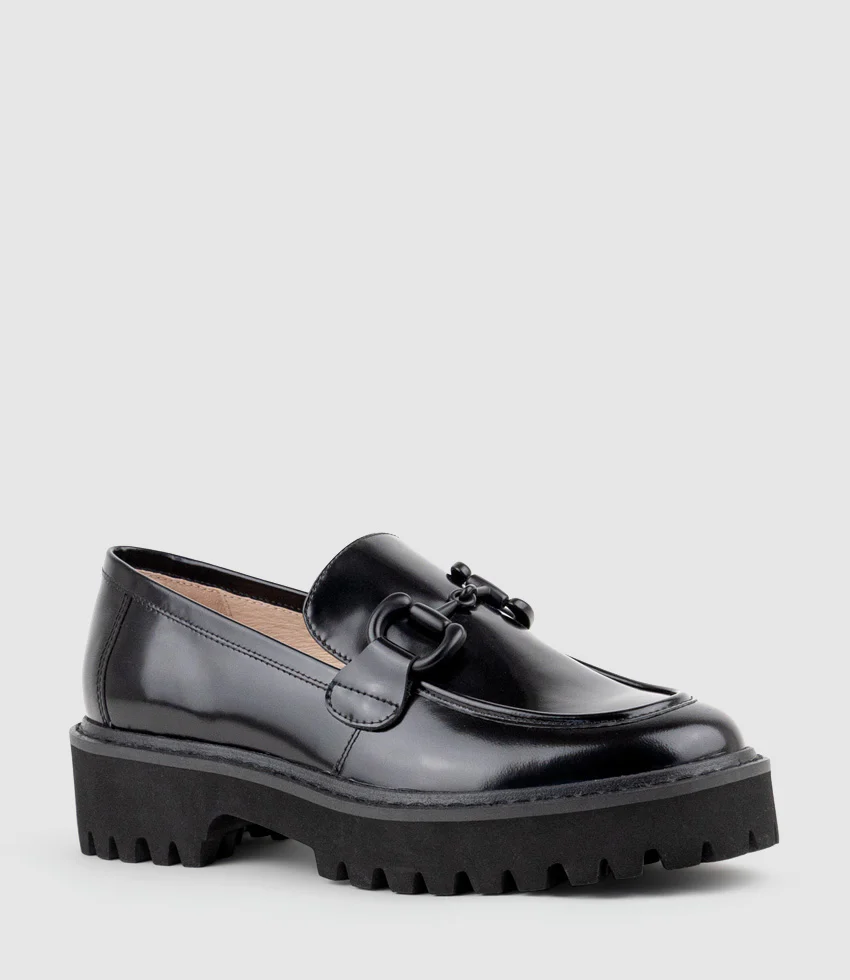 GIDEON Moccasin on Chunky Sole in Black High Shine - Image 3